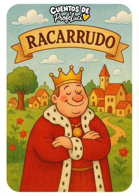 Portada ilustrada del cuento Racarrudo, con el rey de su reino