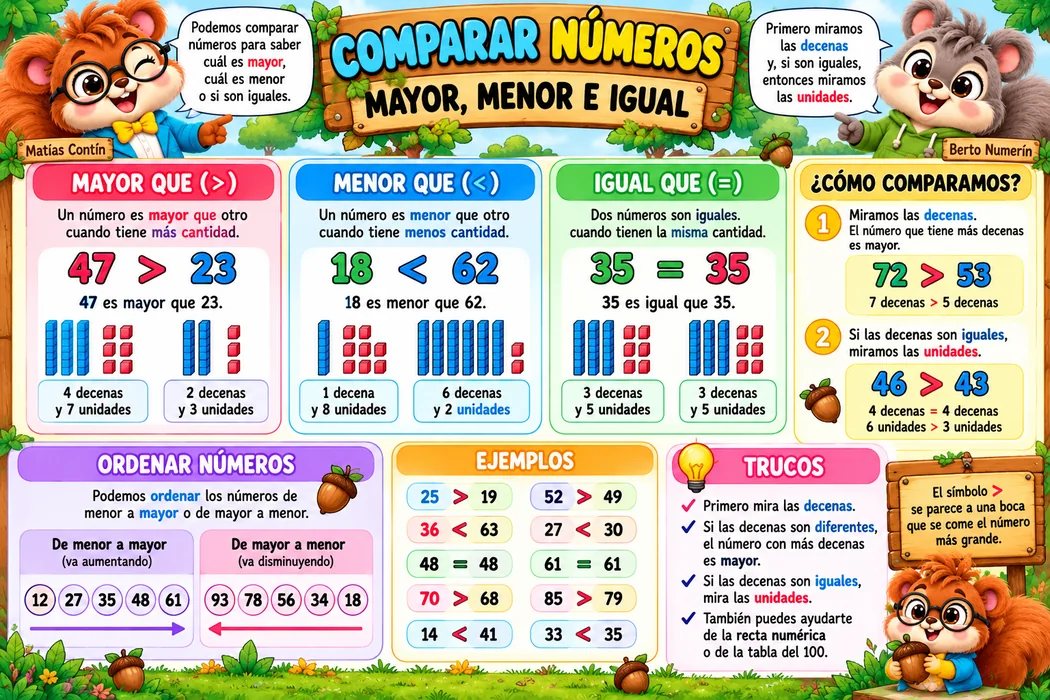 Cartel de Matías y Berto sobre mayor que, menor que, igual que y cómo ordenar números