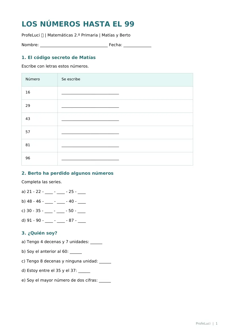 Vista previa de la página 1 de la ficha de los números hasta el 99