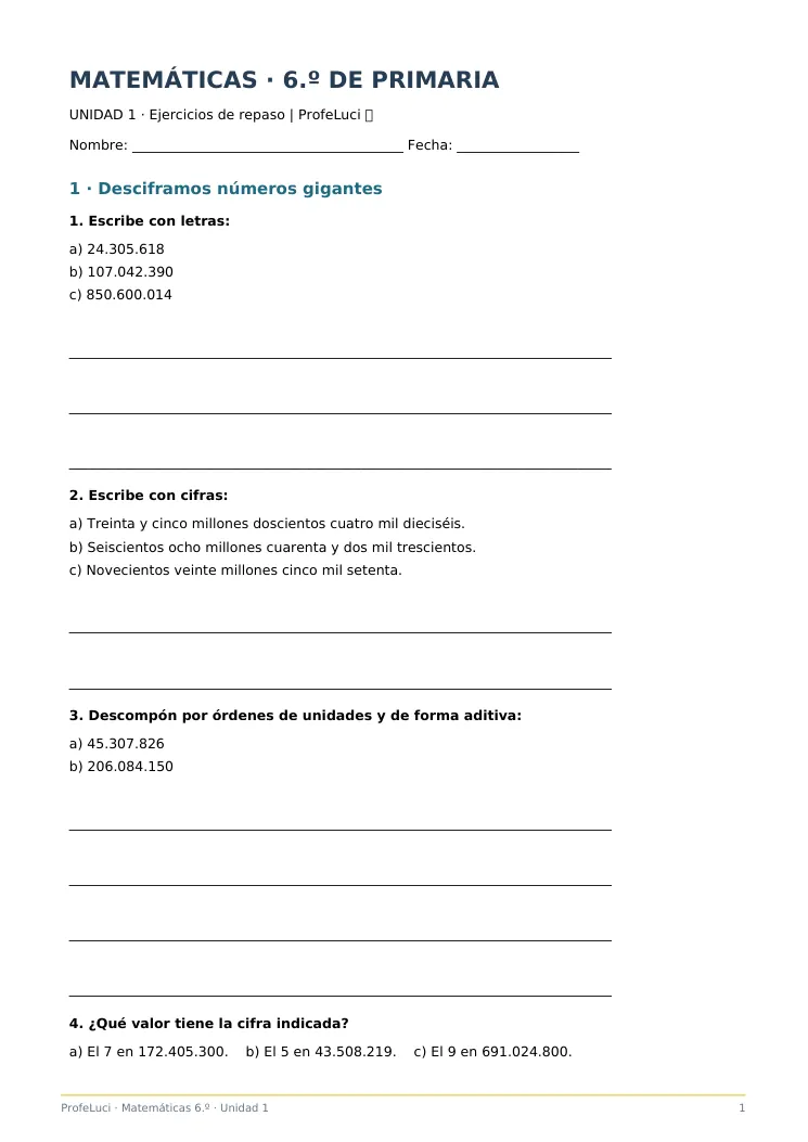 Vista previa de ejercicios de Matemáticas de 6.º, página 1 de 5