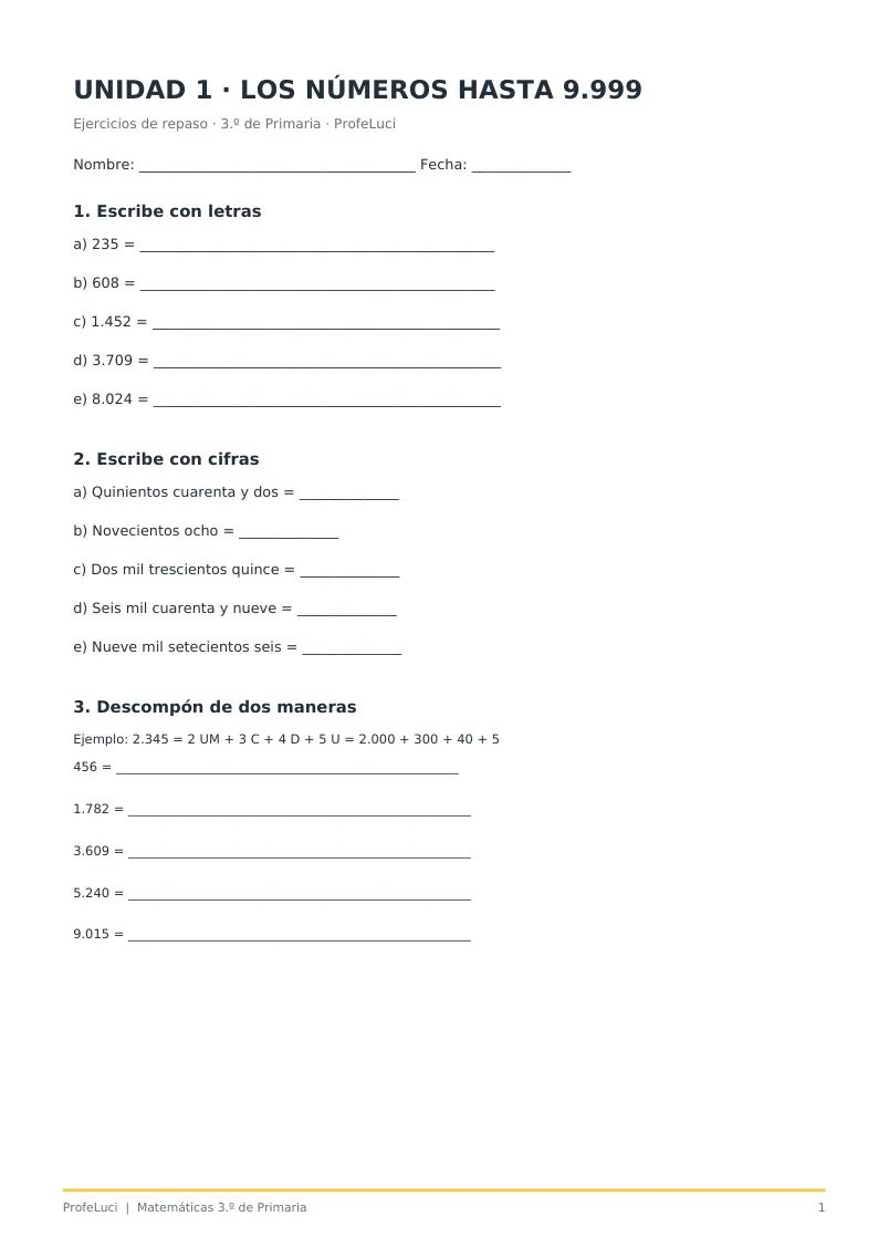 Vista previa de ejercicios de Matemáticas 3.º, página 1 de 3