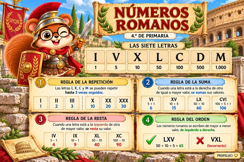 Infografía de números romanos de 4.º de Primaria con Matías Contín en Roma
