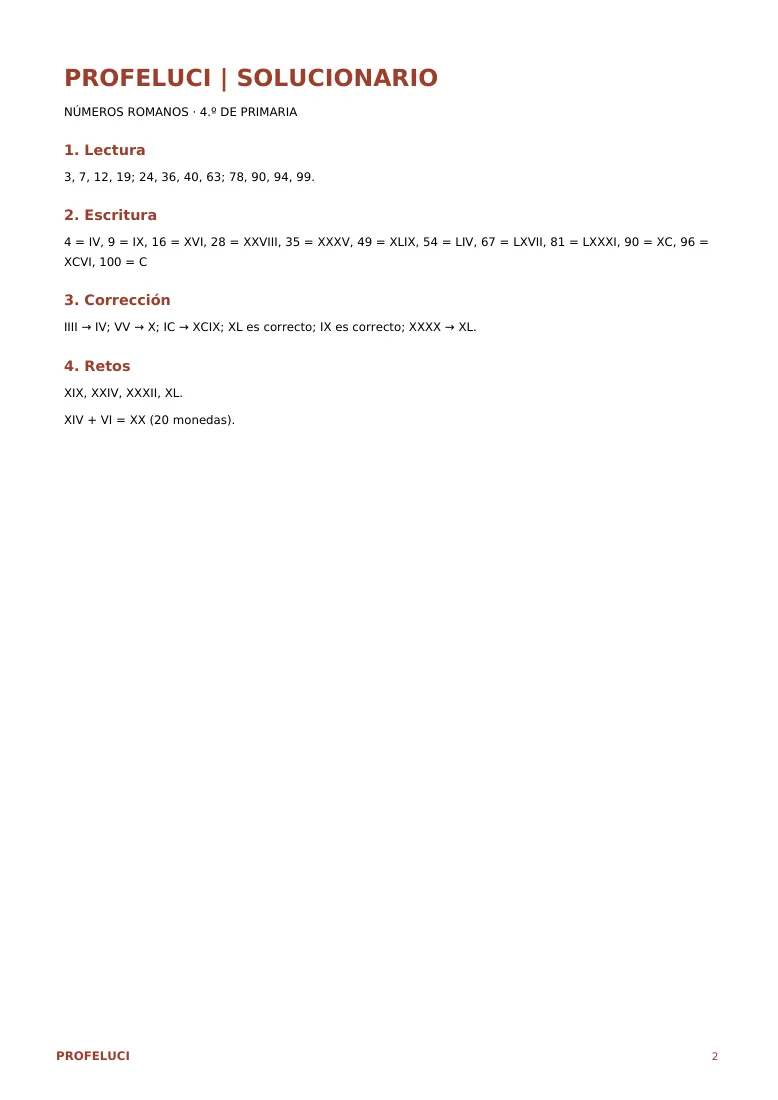 Soluciones de los ejercicios de números romanos de 4.º
