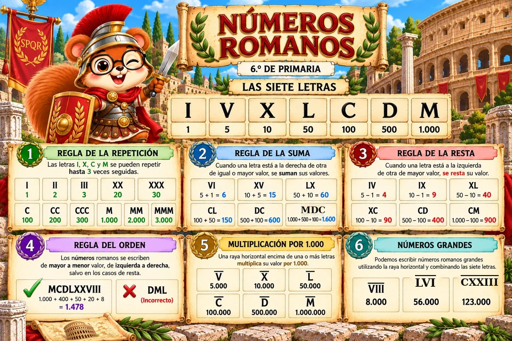 Resumen visual de números romanos con ejemplos revisados de MDC igual a 1600 y números grandes con raya superior