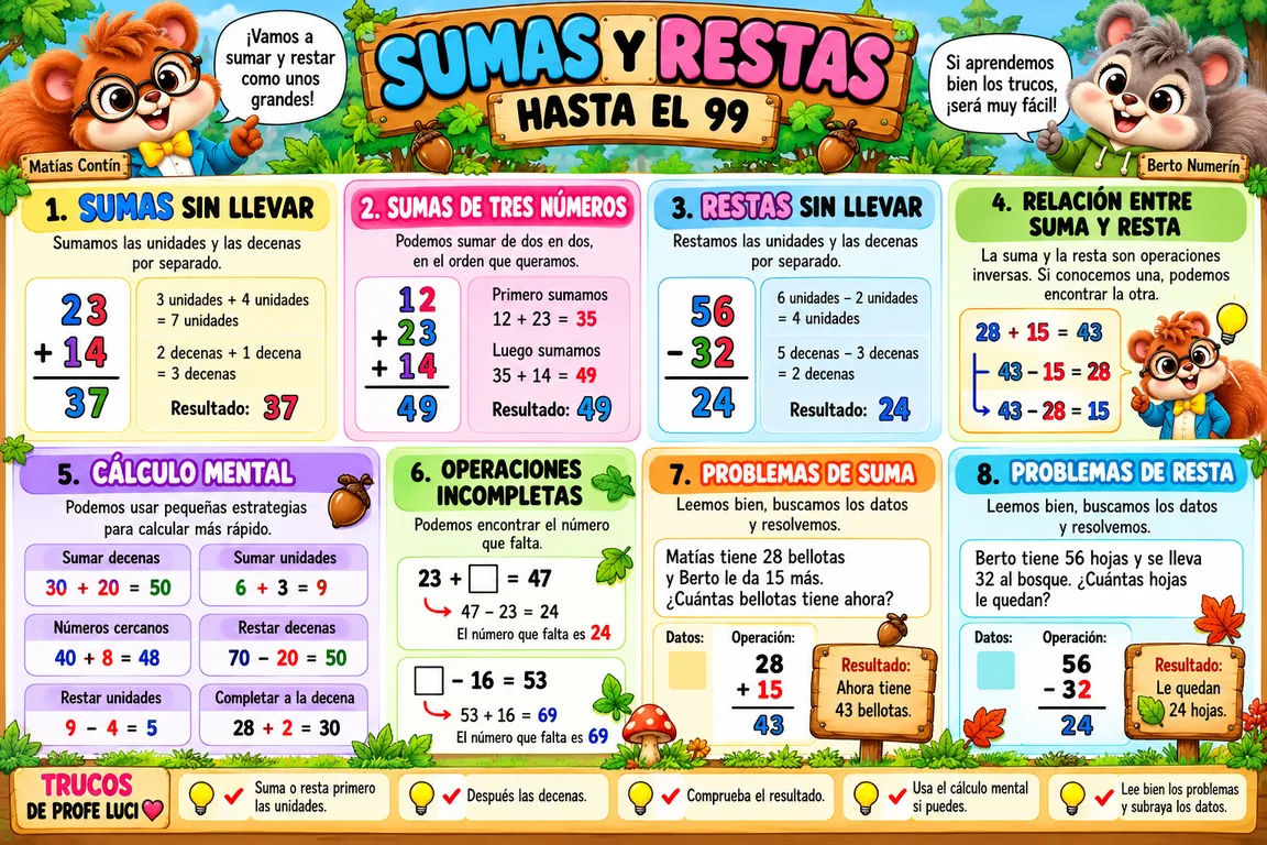 Infografía de sumas y restas hasta el 99 con ejemplos de Matías y Berto